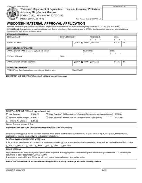 Form TR-WM-127 Wisconsin Material Approval Application - Wisconsin