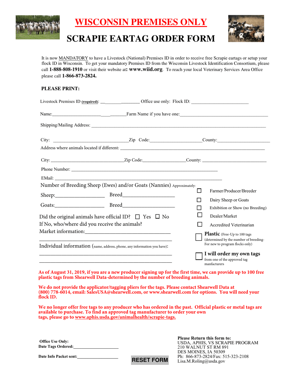 Scrapie Eartag Order Form - Wisconsin, Page 1