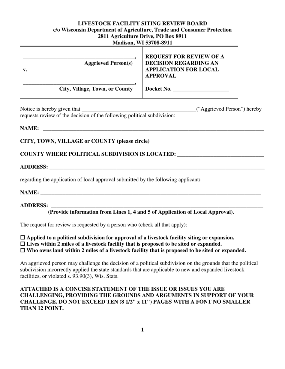 Request for Review of a Decision Regarding an Application for Local Approval - Wisconsin, Page 1