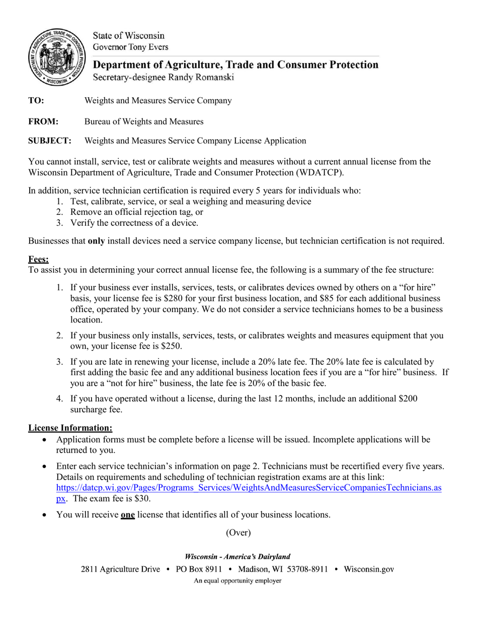 Form TR-WM-54 Weights and Measures Service Company License Application - Wisconsin, Page 1