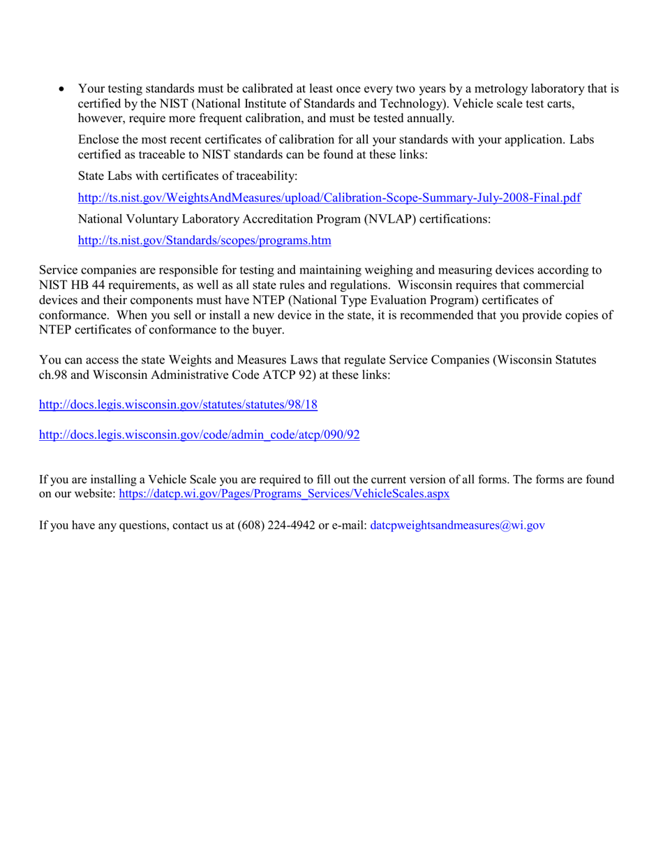 Form TR-WM-54 Weights and Measures Service Company License Application - Wisconsin, Page 2