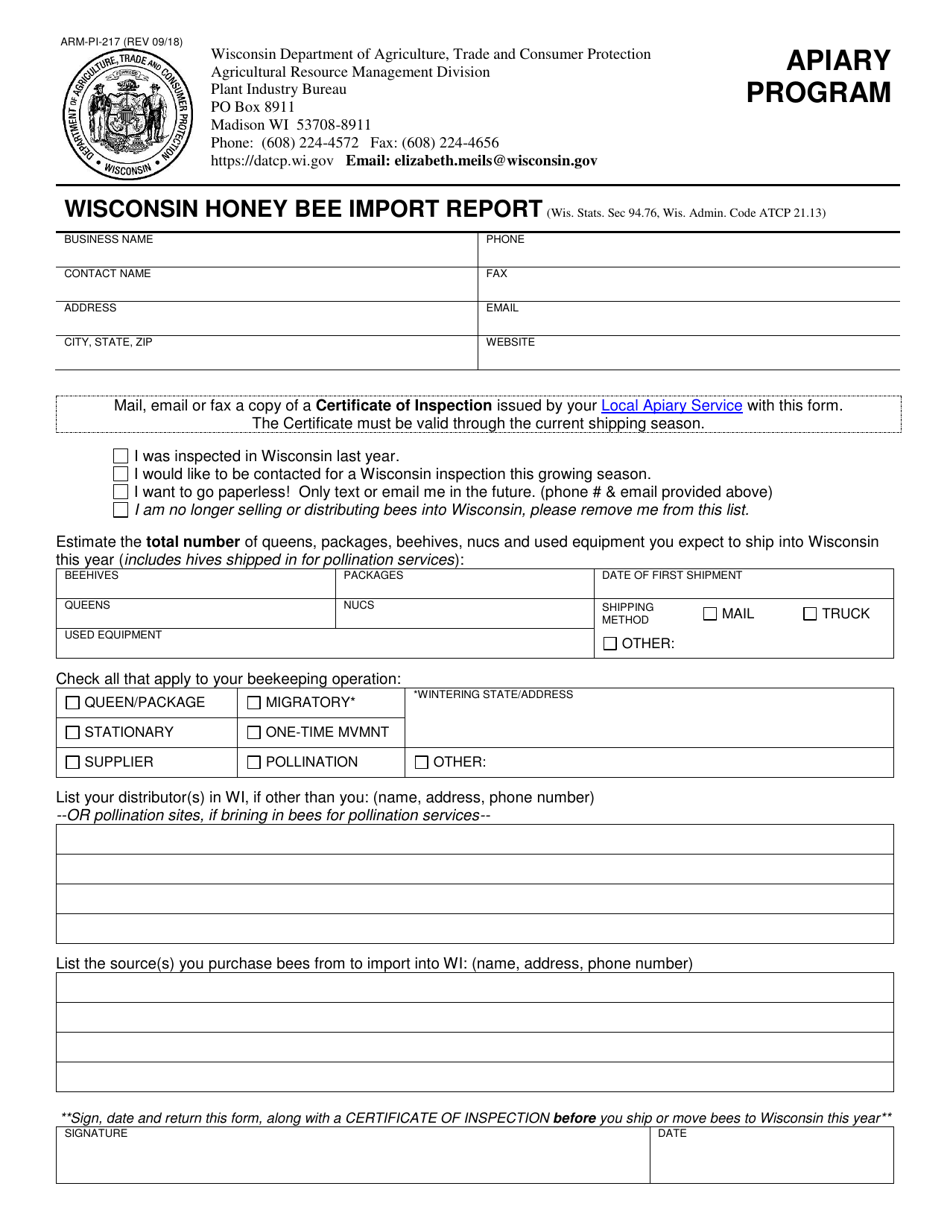 Form ARM-PI-217 Wisconsin Honey Bee Import Report - Wisconsin, Page 1