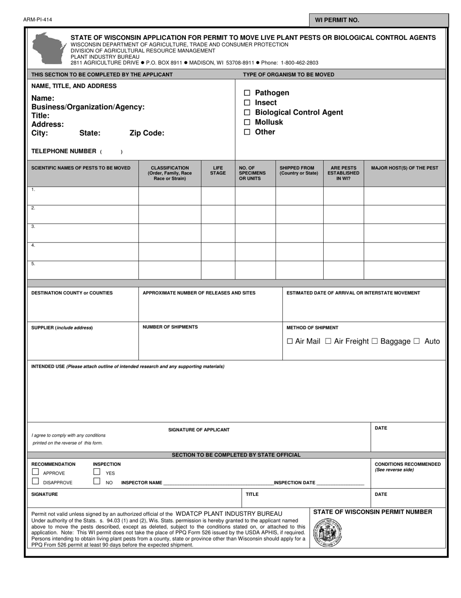 Form ARM-PI-414 Part I State of Wisconsin Application for Permit to Move Live Plant Pests or Biological Control Agents - Wisconsin, Page 1