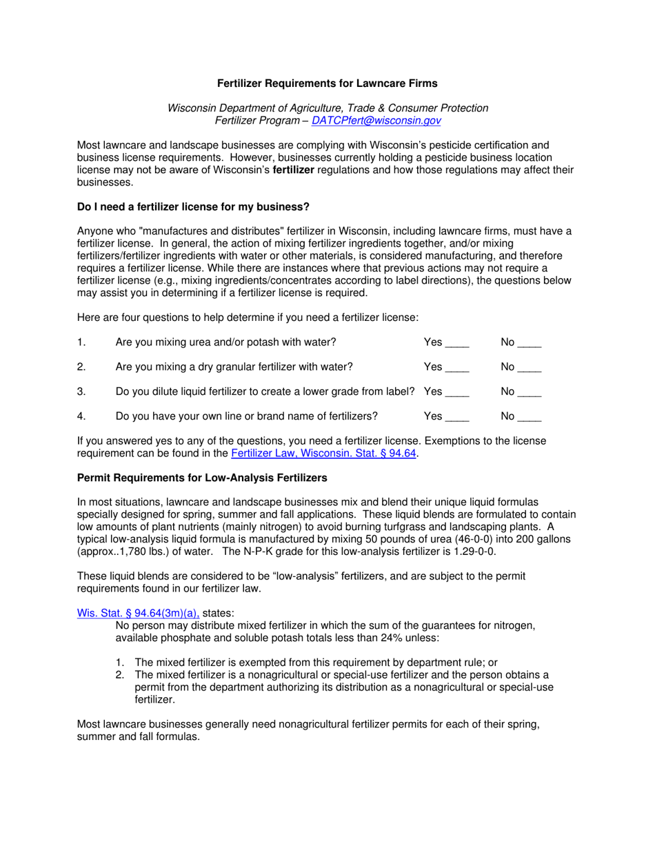 Wisconsin Fertilizer Requirements for Lawncare Firms Fill Out, Sign