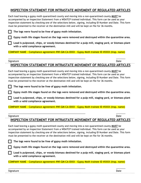 Inspection Statement for Intrastate Movement of Regulated Articles - Wisconsin