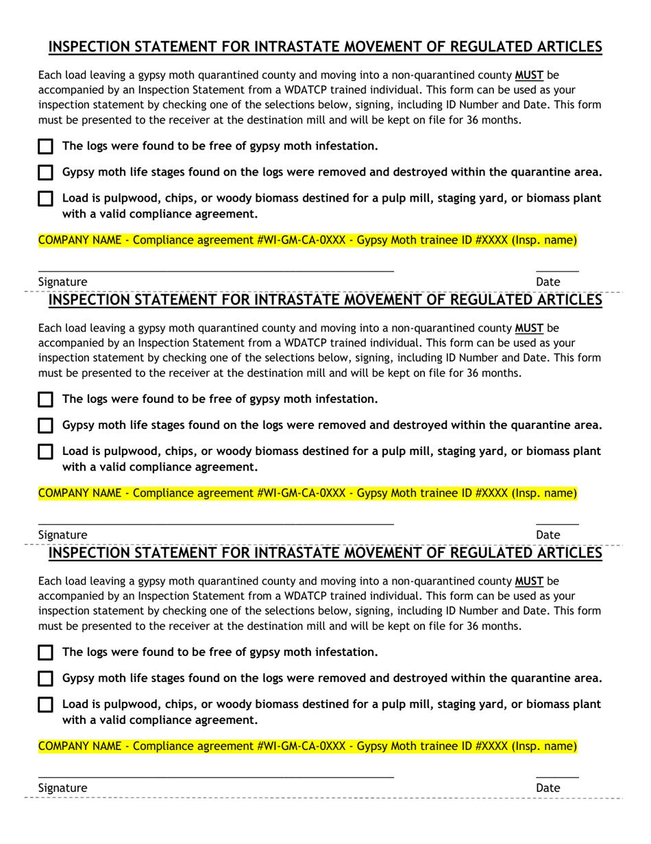 Inspection Statement for Intrastate Movement of Regulated Articles - Wisconsin, Page 1