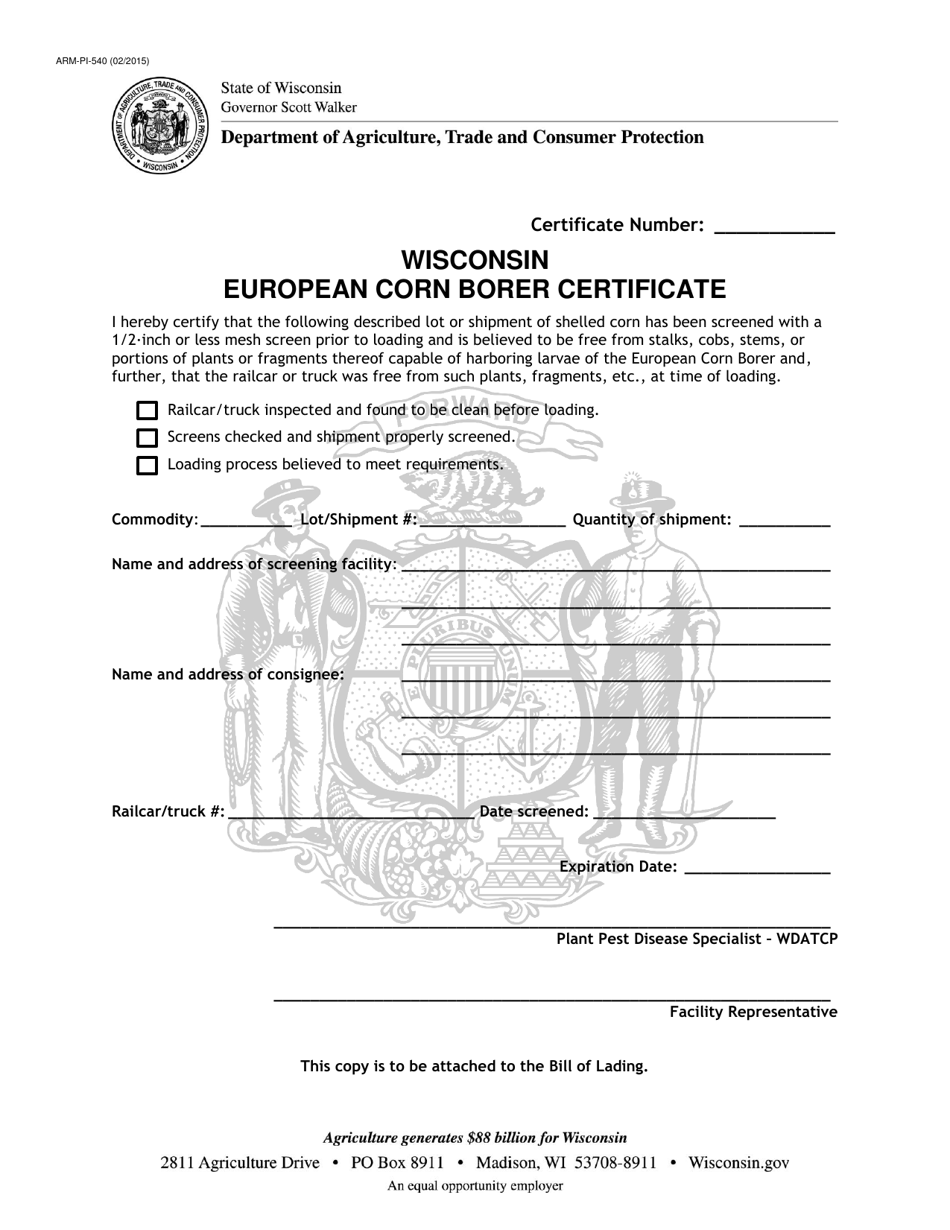 Form ARM-PI-540 Wisconsin European Corn Borer Certificate - Wisconsin, Page 1