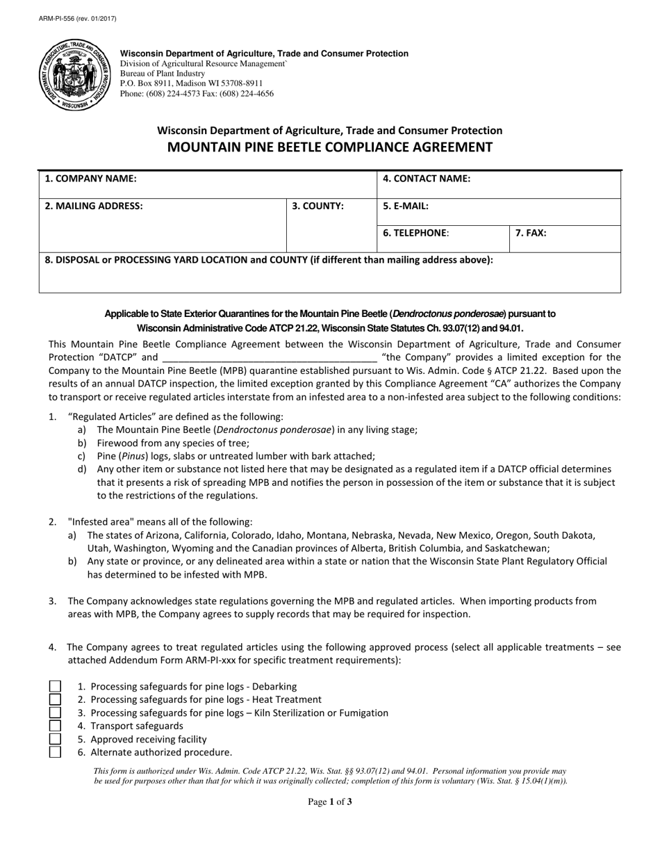 Form ARM-PI-556 Mountain Pine Beetle Compliance Agreement - Wisconsin, Page 1