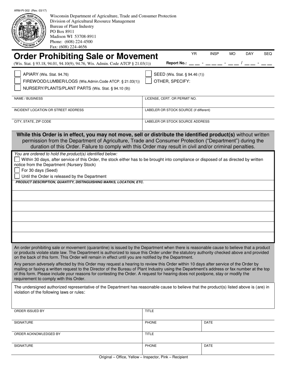 Form ARM-PI-302 Order Prohibiting Sale or Movement - Wisconsin, Page 1