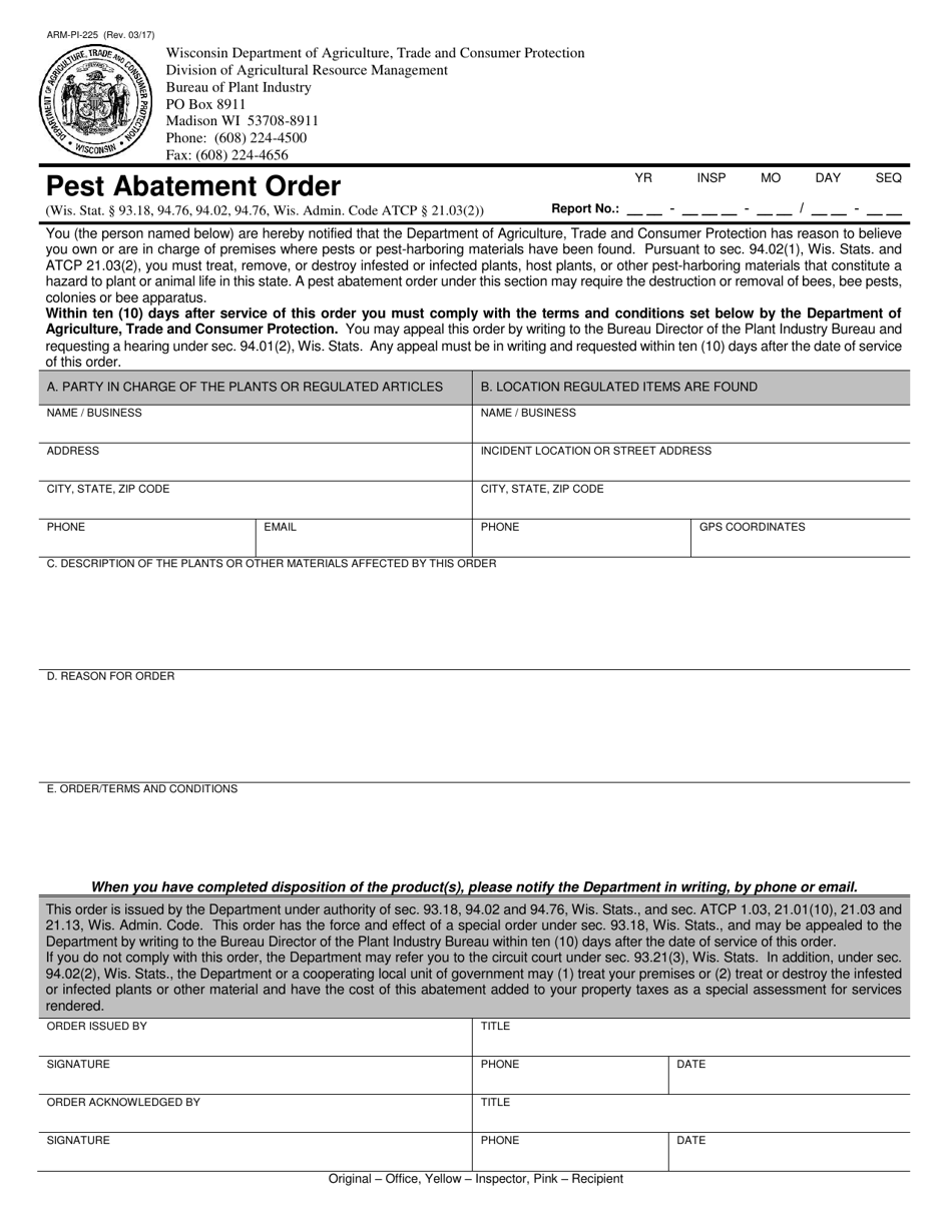 Form ARM-PI-225 Pest Abatement Order - Wisconsin, Page 1
