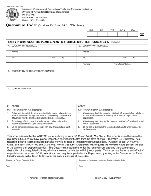 Form ARM-PI-227 Quarantine Order - Wisconsin