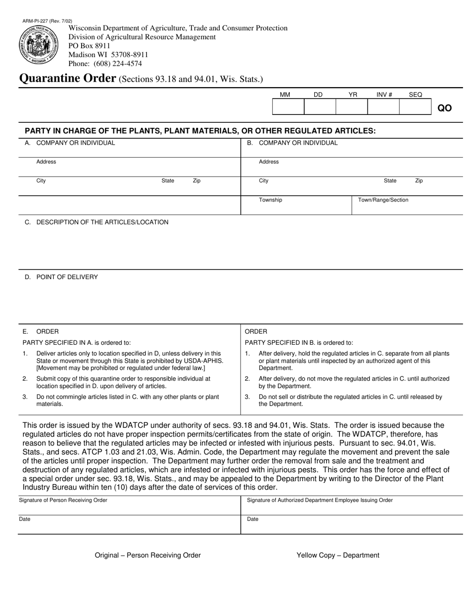 Form ARM-PI-227 Quarantine Order - Wisconsin, Page 1