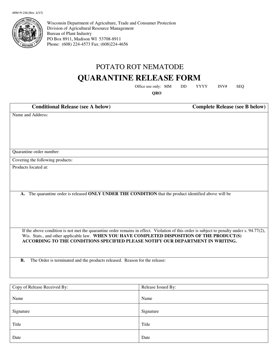 Form ARM-PI-236 Potato Rot Nematode Quarantine Release Form - Wisconsin, Page 1