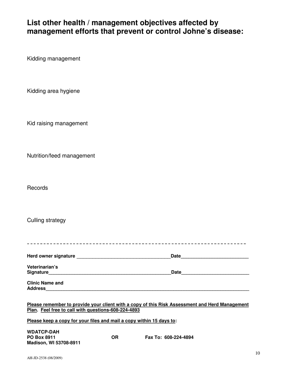 Form AH-JD-2538 Goat Risk Assessment and Herd Management Plan - Wisconsin, Page 11