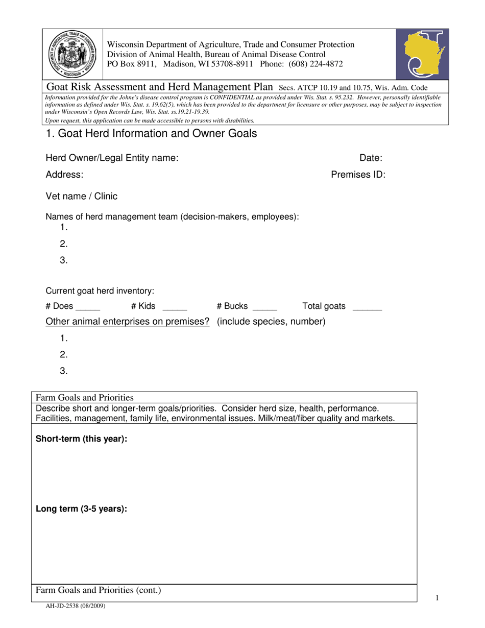 Form AH-JD-2538 Goat Risk Assessment and Herd Management Plan - Wisconsin, Page 2