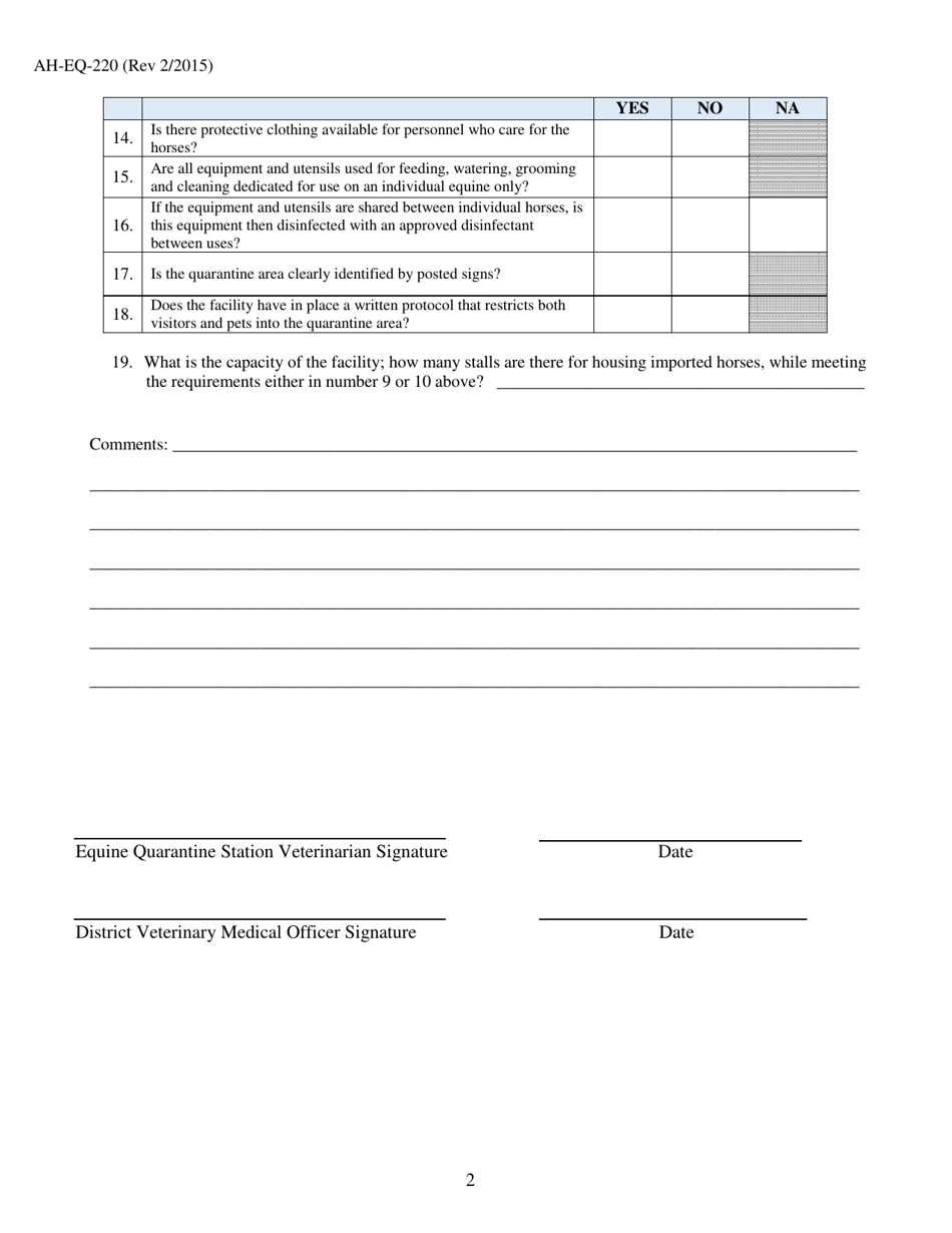 Form AH-EQ-220 Wisconsin Cem Quarantine Station Facility Checklist - Wisconsin, Page 3