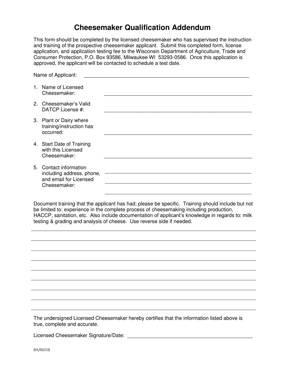 Wisconsin Cheesemaker Qualification Addendum Fill Out, Sign Online and Download PDF