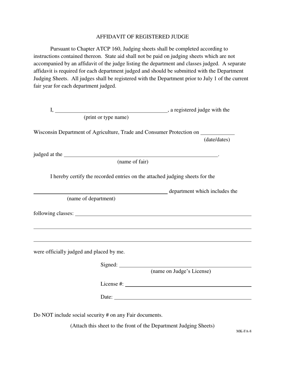 Form MK-FA-8 Affidavit of Registered Judge - Wisconsin, Page 1