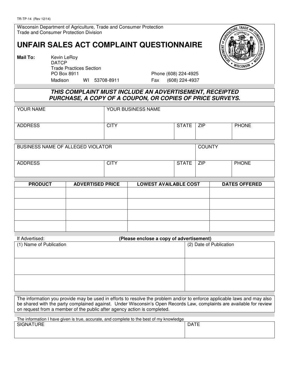 Form TR-TP-14 Unfair Sales Act Complaint Questionnaire - Wisconsin, Page 1
