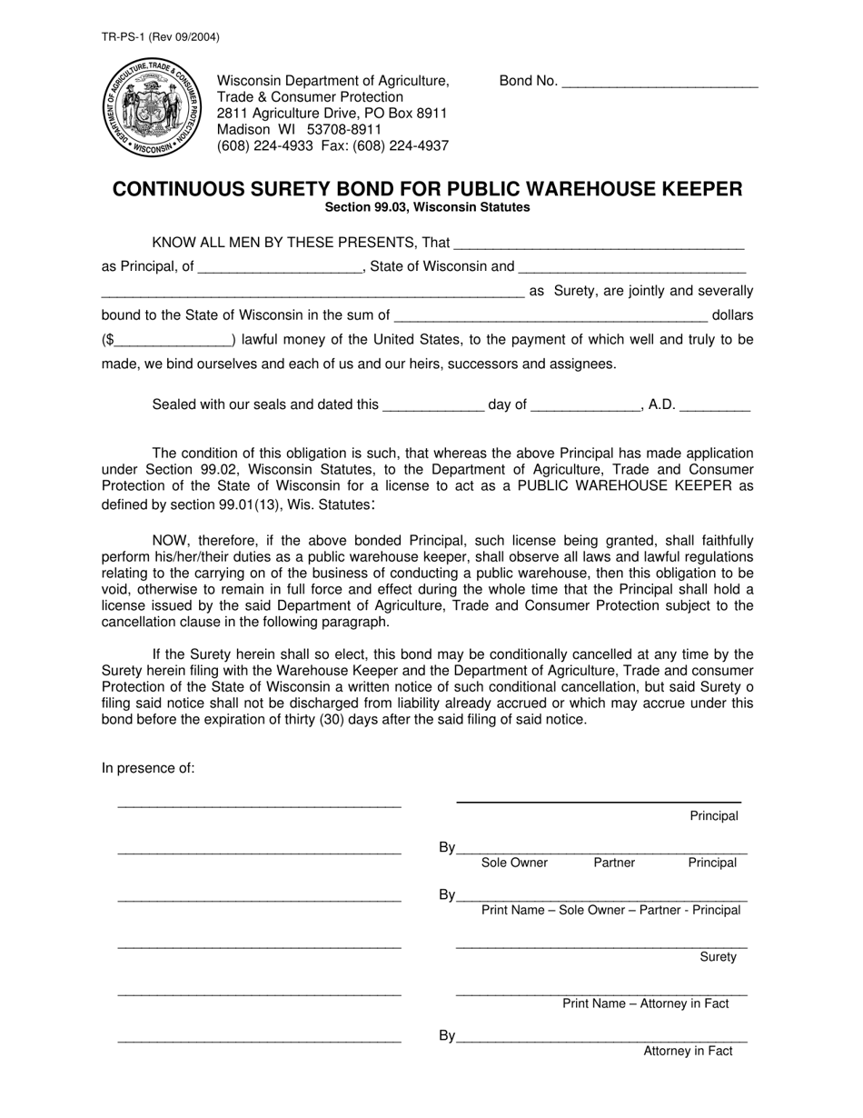 Form TR-PS-1 Continuous Surety Bond for Public Warehouse Keeper - Wisconsin, Page 1