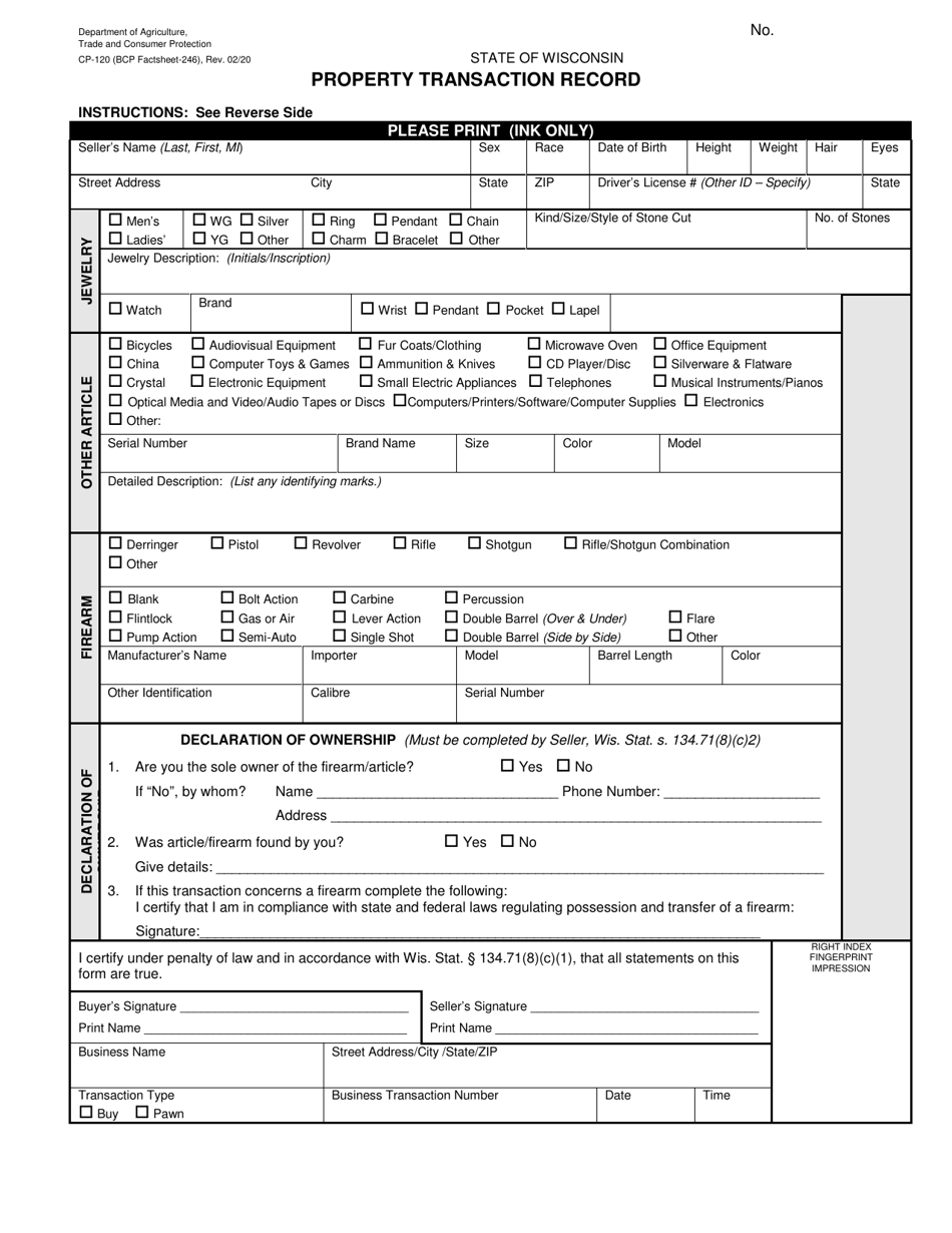 Form CP-120 Property Transaction Record - Wisconsin, Page 1