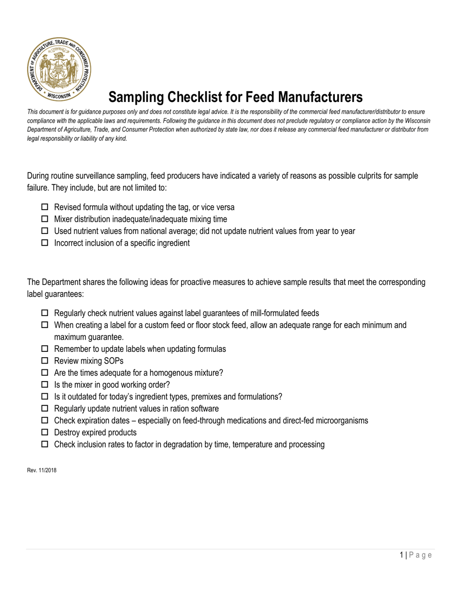 Sampling Checklist for Feed Manufacturers - Wisconsin, Page 1