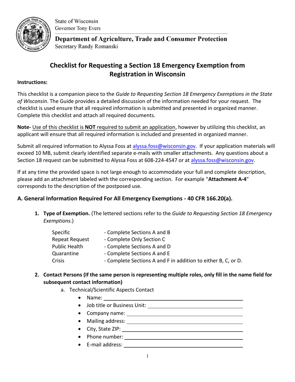 Checklist for Requesting a Section 18 Emergency Exemption From Registration in Wisconsin - Wisconsin, Page 1