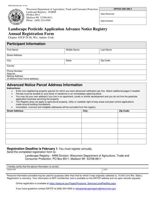 Document preview: Form ARM-ACM-226 Landscape Pesticide Application Advance Notice Registry Annual Registration Form - Wisconsin