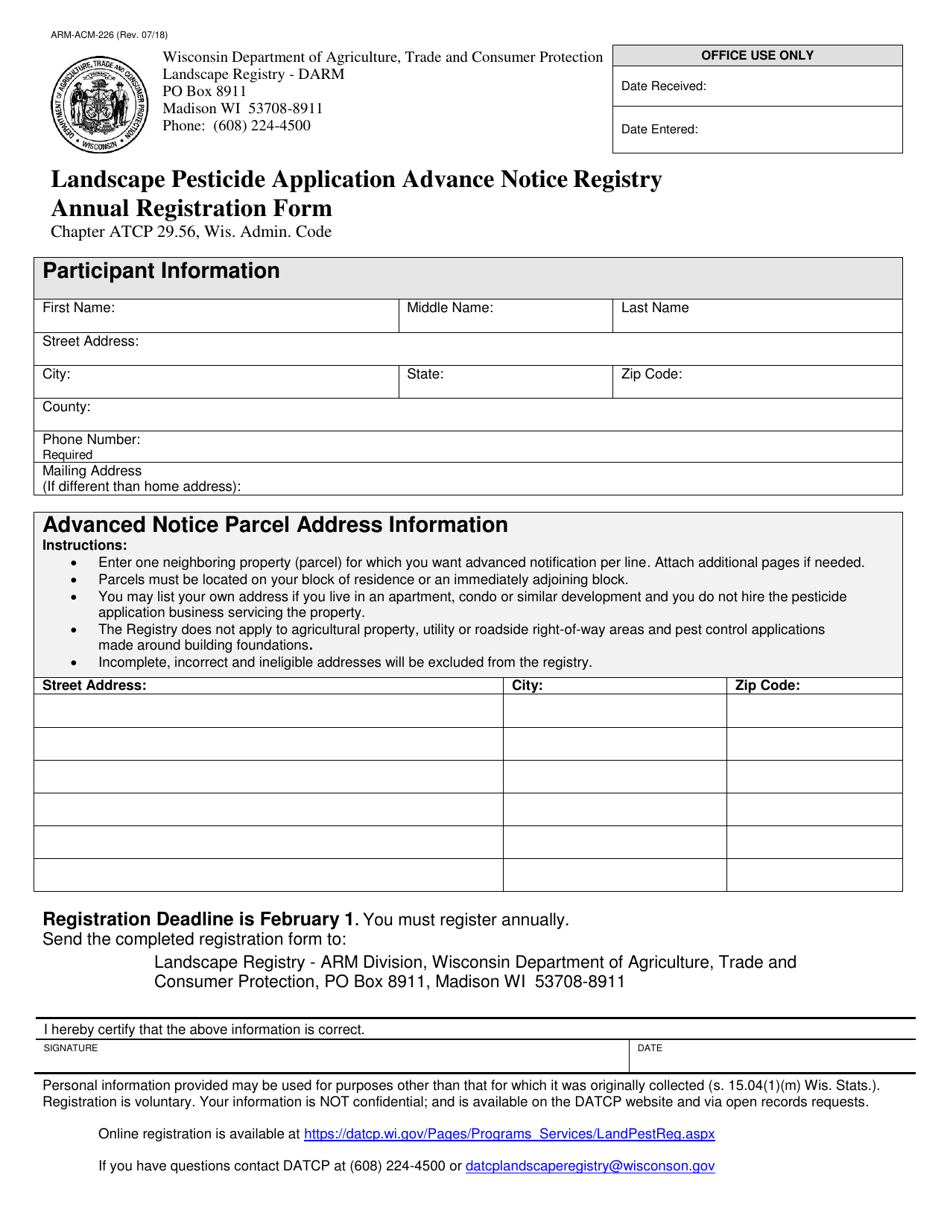Form ARM-ACM-226 Landscape Pesticide Application Advance Notice Registry Annual Registration Form - Wisconsin, Page 1