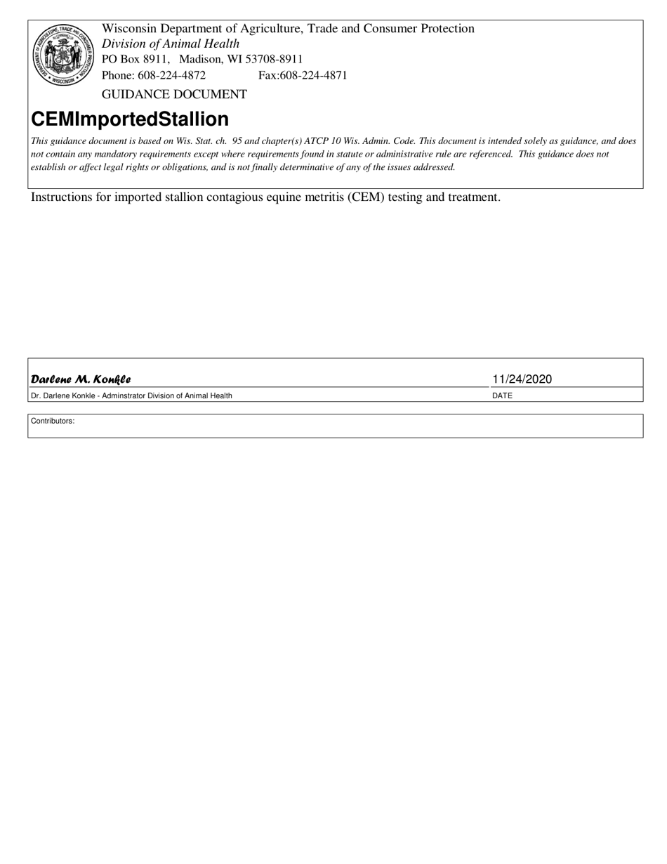 Form AH-EQ-215 Wisconsin Cem Imported Stallion Testing  Treatment - Wisconsin, Page 1