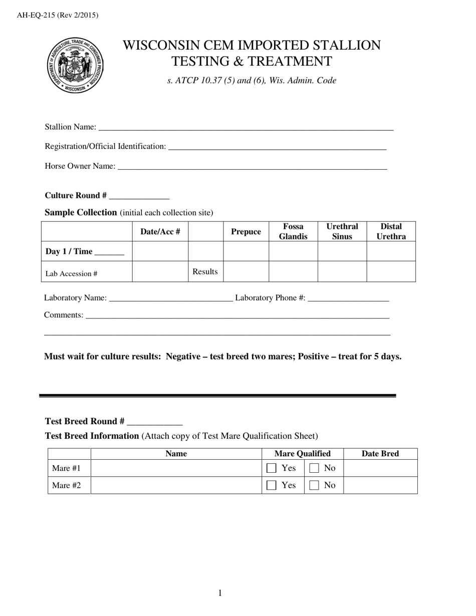 Form AH-EQ-215 Wisconsin Cem Imported Stallion Testing  Treatment - Wisconsin, Page 2
