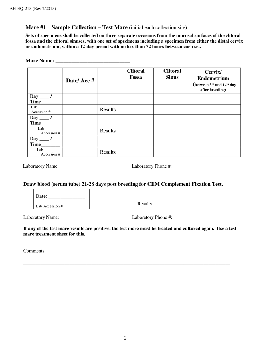 Form AH-EQ-215 Wisconsin Cem Imported Stallion Testing  Treatment - Wisconsin, Page 3