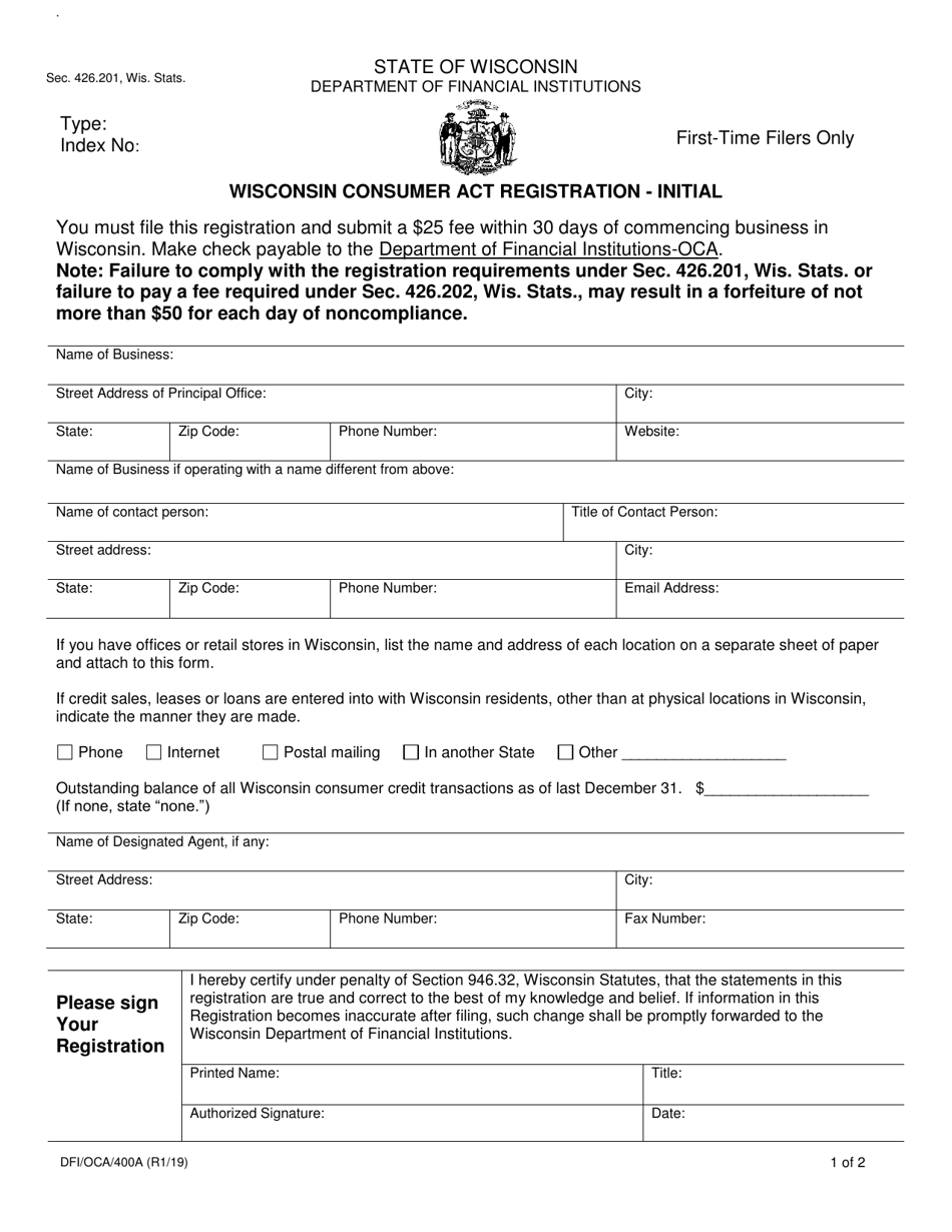 Form DFI / OCA / 400A Wisconsin Consumer Act Registration - Initial - Wisconsin, Page 1