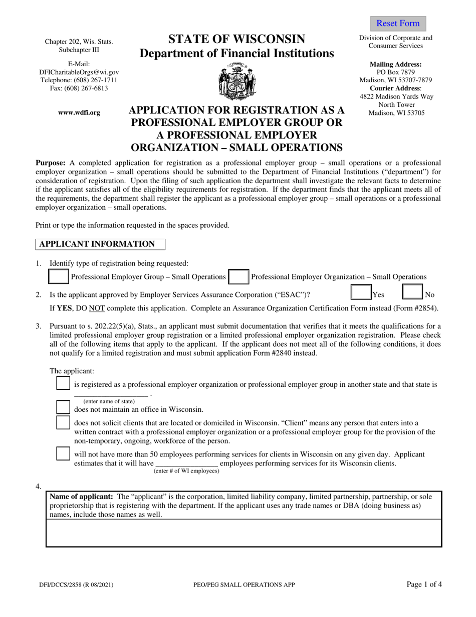 Form DFI / DCCS / 2858 Application for Registration as a Professional Employer Group or a Professional Employer Organization - Small Operations - Wisconsin, Page 1