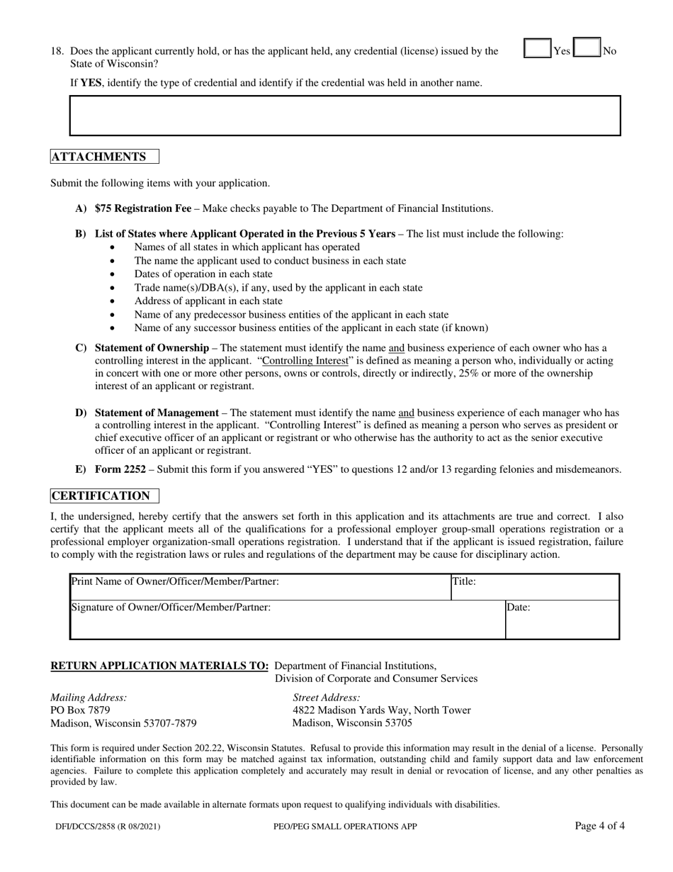 Form DFI / DCCS / 2858 Application for Registration as a Professional Employer Group or a Professional Employer Organization - Small Operations - Wisconsin, Page 4