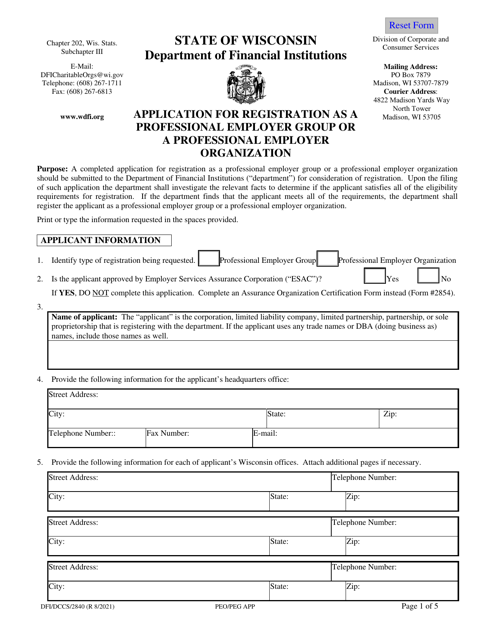 Form DFI/DCCS/2840 Application for Registration as a Professional Employer Group or a Professional Employer Organization - Wisconsin