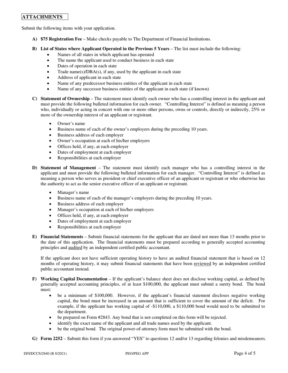Form DFI / DCCS / 2840 Application for Registration as a Professional Employer Group or a Professional Employer Organization - Wisconsin, Page 4
