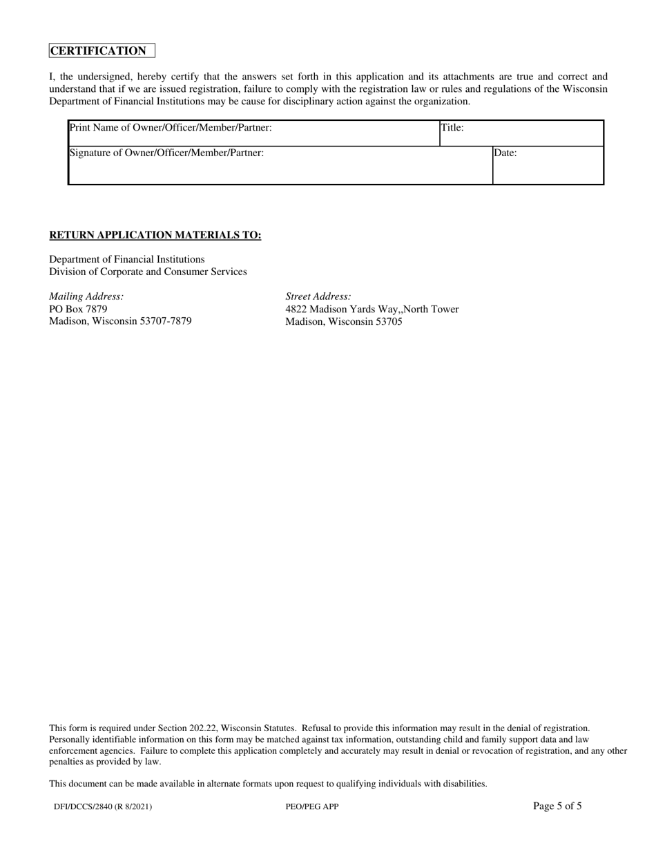 Form DFI / DCCS / 2840 Application for Registration as a Professional Employer Group or a Professional Employer Organization - Wisconsin, Page 5