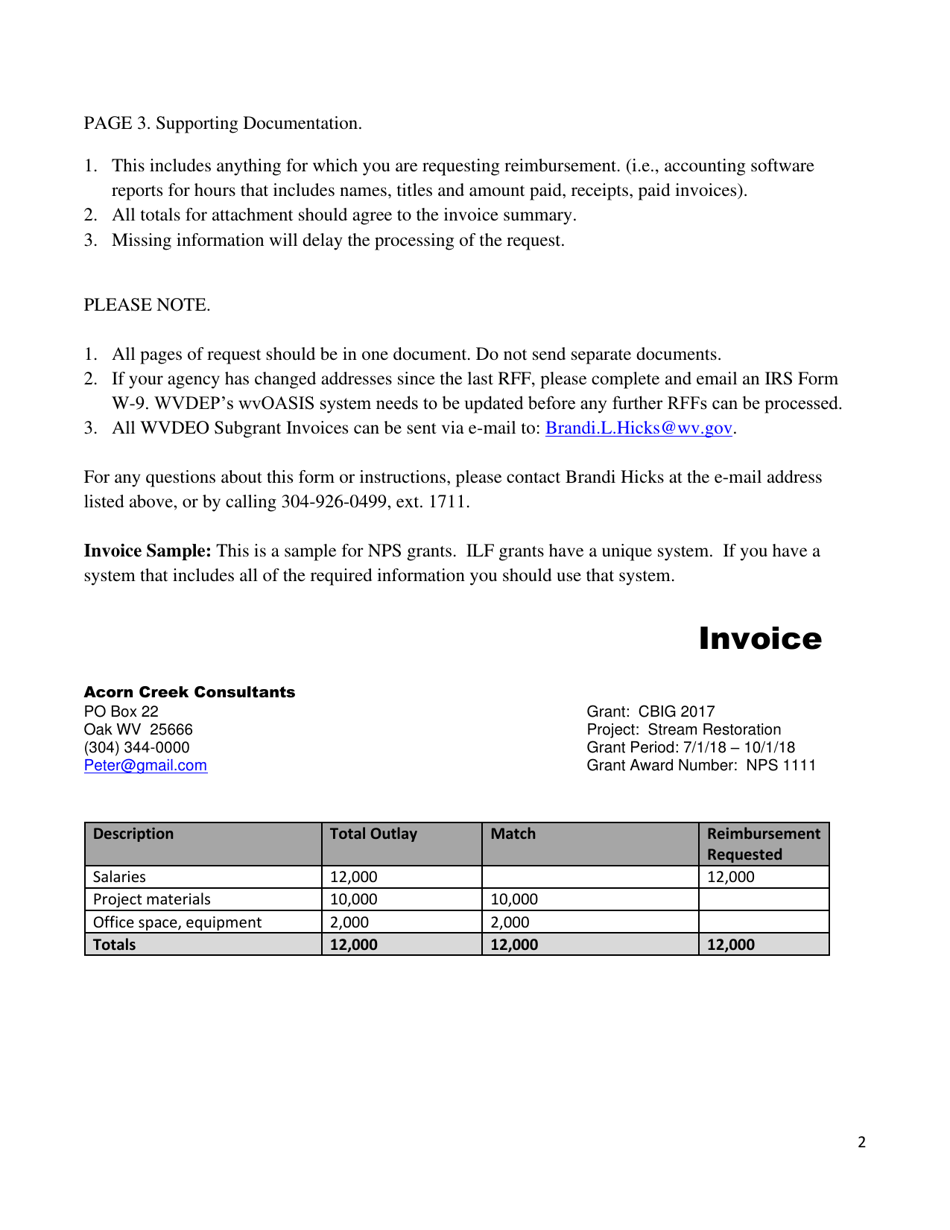 Instructions for Wvdep Sub Grant Invoice - West Virginia, Page 2