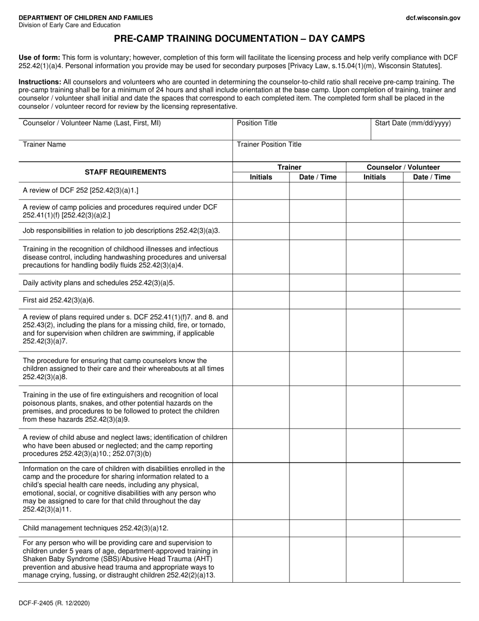 Form DCF-F-2405 Pre-camp Training Documentation - Day Camps - Wisconsin, Page 1