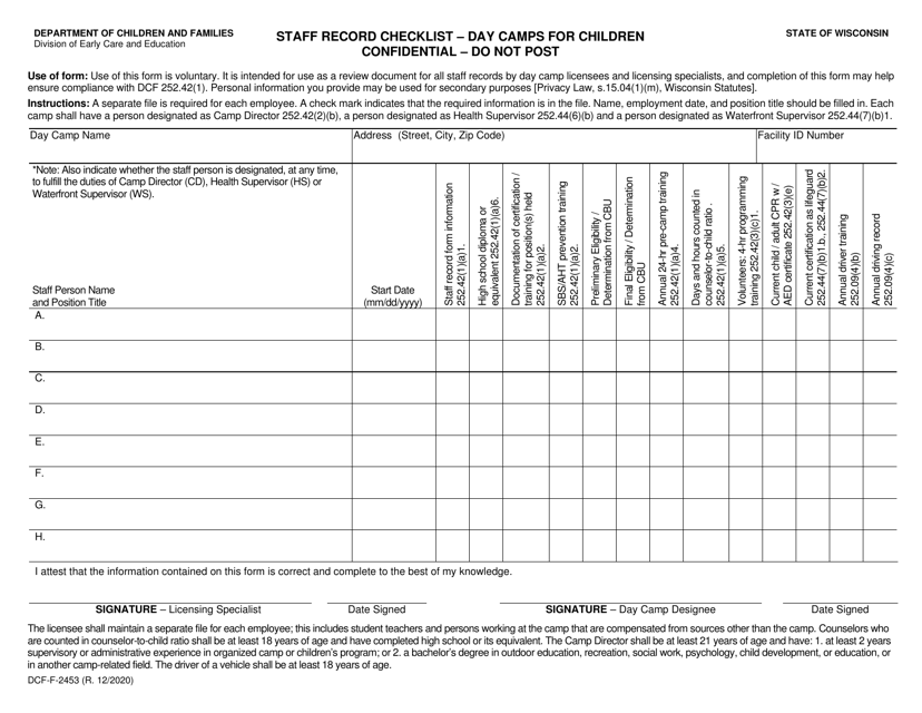 Form DCF-F-2453 Staff Record Checklist - Day Camps for Children - Wisconsin