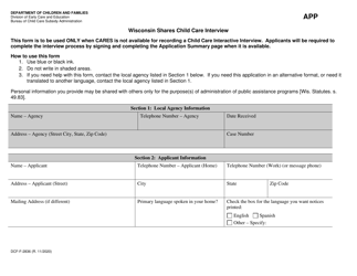 Form DCF-F-2836 &quot;Wisconsin Shares Child Care Interview&quot; - Wisconsin