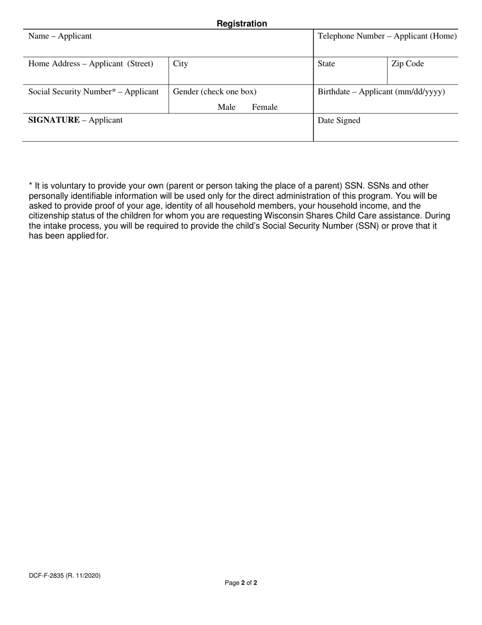 Form DCF-F-2835 Wisconsin Shares Child Care Registration - Wisconsin, Page 2