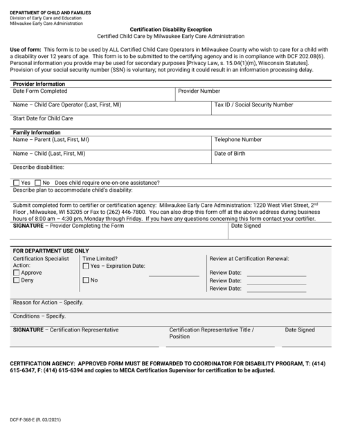 Form DCF-F-368-E Certification Disability Exception - Wisconsin