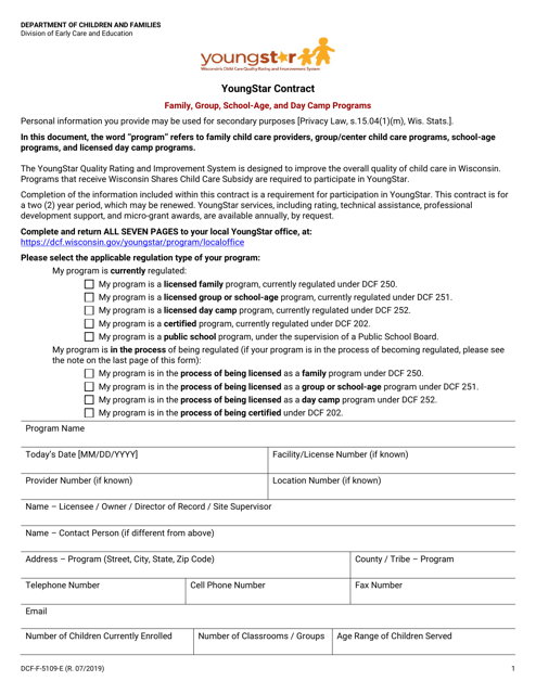 Form DCF-F-5109-E Youngstar Contract - Family, Group, School-Age, and Day Camp Programs - Wisconsin