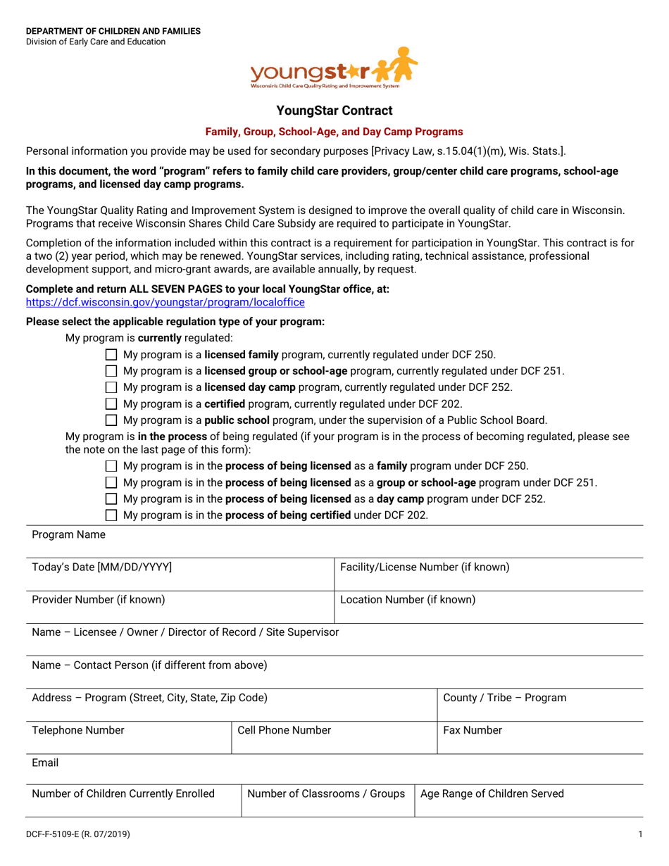 Form DCF-F-5109-E Youngstar Contract - Family, Group, School-Age, and Day Camp Programs - Wisconsin, Page 1