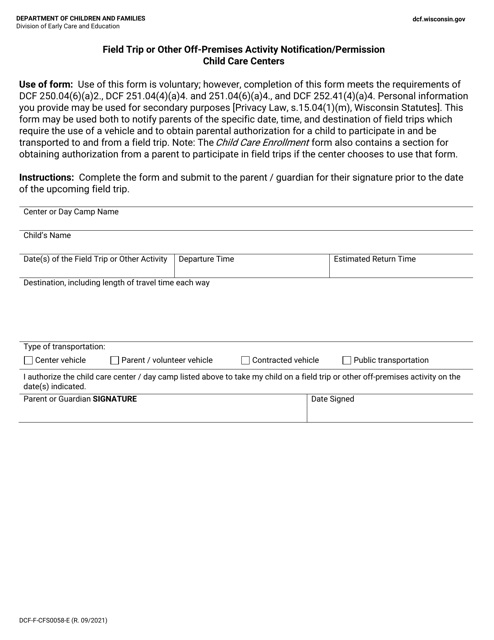 Form DCF-F-CFS0058 Field Trip or Other off-Premises Activity Notification/Permission - Child Care Centers - Wisconsin