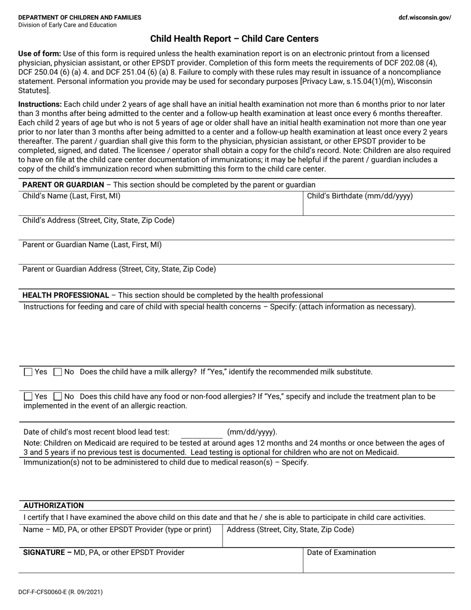 Form DCF-F-CFS0060-E Child Health Report - Child Care Centers - Wisconsin, Page 1