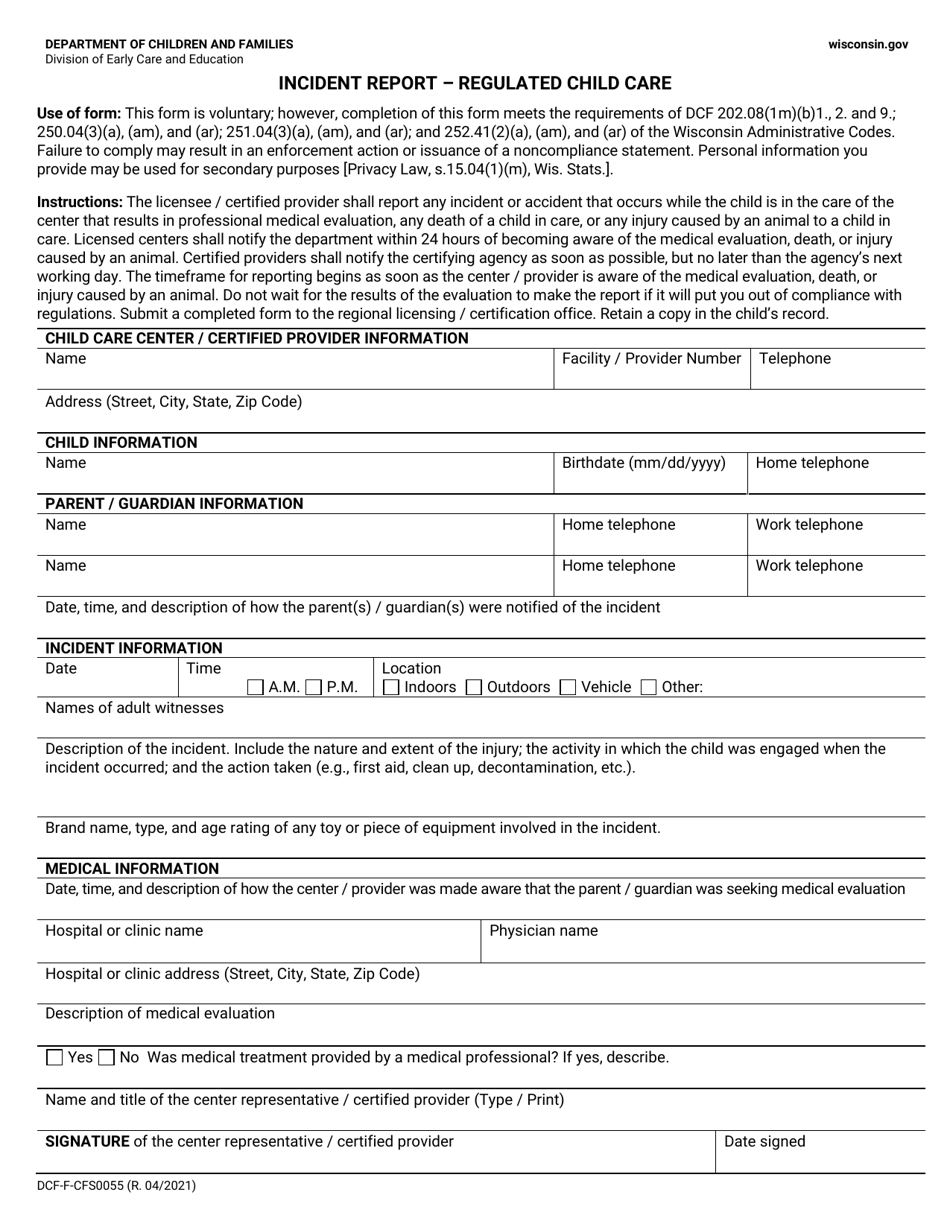 Form DCF-F-CFS0055 Incident Report - Regulated Child Care - Wisconsin, Page 1