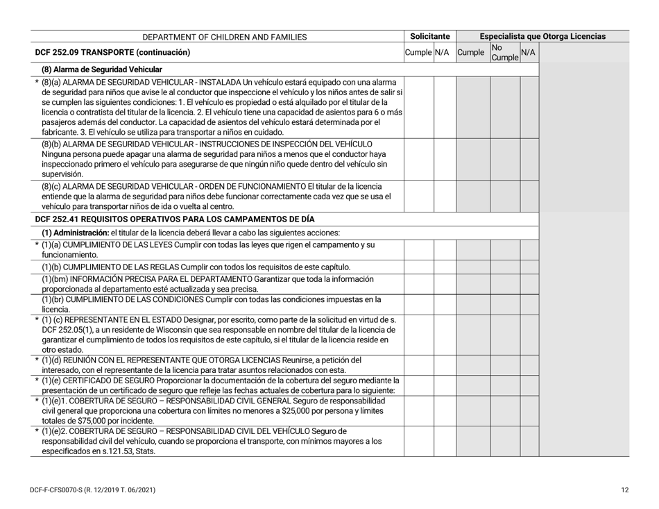 Formulario DCF-F-CFS0070-S Lista De Verificacion De La Licencia Inicial - Campamentos De Dia - Wisconsin (Spanish), Page 12
